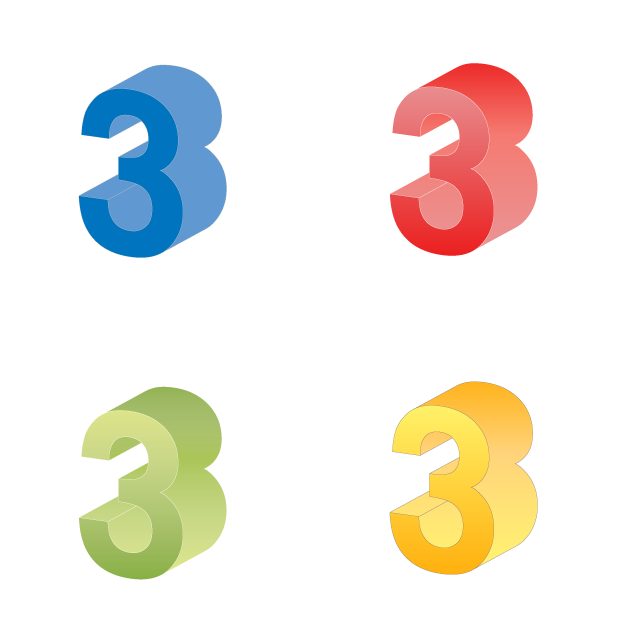 Number 3 ｜ Number 3 ｜ Solid character 3 ｜ Red ｜ Yellow ｜ Blue ｜ Green Gradient --Illustration / Clip art / Free / Home appliances / Vehicles / Animals / Furniture / Illustration / Download