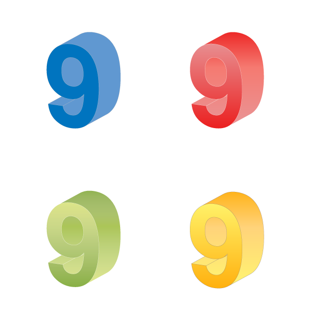 Number 9 ｜ Number 9 ｜ Solid character 9 ｜ Blue gradation ｜ Green ｜ Red ｜ Yellow --Illustration / Clip art / Free / Home appliances / Vehicles / Animals / Furniture / Illustration / Download