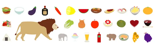 ライオンや象、ハムスターなどの動物と、ハンバーガー、カレー、おでん、果物、ビールなどの食べ物が並ぶイラストセット。飲食店のメニューや子供向けの教材、イベントチラシに最適な、商用利用OK・会員登録不要の無料クリップアート素材集です。
