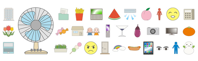 Tablet / Smartphone / Music Player / Electricity / Fruit / Apple / Pineapple / Wine / Person / Icon / Weather / Thunder / Rain / Fine / Snow / Moon / Carrot / Hot Dog / Dumpling