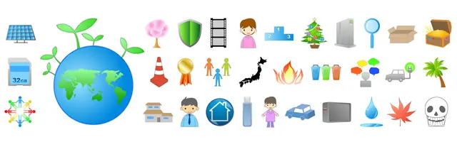 新芽が出た地球や太陽光パネル、電気自動車などの環境イメージに加え、人物、日本地図、季節の行事アイテムが揃ったイラストセット。SDGs関連の資料や社内報、教育現場で使いやすい、商用利用OK・会員登録不要の無料クリップアート素材です。