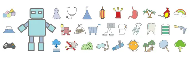 ロボットや実験器具などの科学イメージから、天気記号、禁止マーク、富士山、日用品まで幅広く収録したイラストセット。注意喚起の張り紙や医療・理科の学習教材作成に便利な、商用利用OK・会員登録不要の無料クリップアート素材集です。