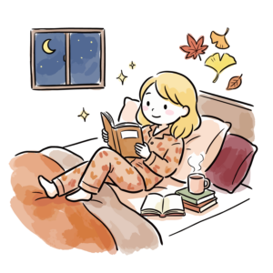 Free illustration of a woman reading a book in bed with autumn leaves, representing cozy autumn night relaxation time.